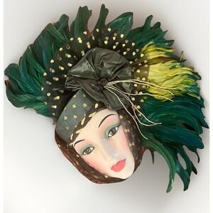 Clay Art Mask San Francisco VTG NWT Ceramic Wall Hanging Feather Art Deco Beaded